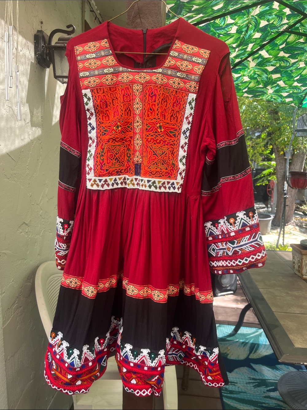 Traditional Afghan Kuchi Hand Embroidered Cold Shoulder Bell Sleeve Dress EUC M